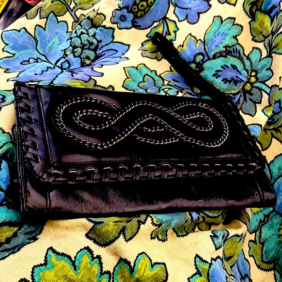 LikeNew Giannini Black Faux Patent Leather Clutch Purse Chain Embellished - Picture 2 of 11